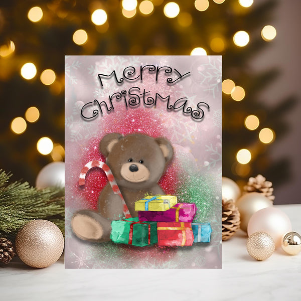Christmas Bear Greetings Card with presents and candy, can be personalised - Rainbowprint.uk