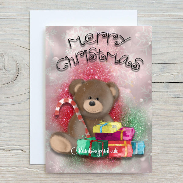 Christmas Bear Greetings Card with presents and candy, can be personalised - Rainbowprint.uk