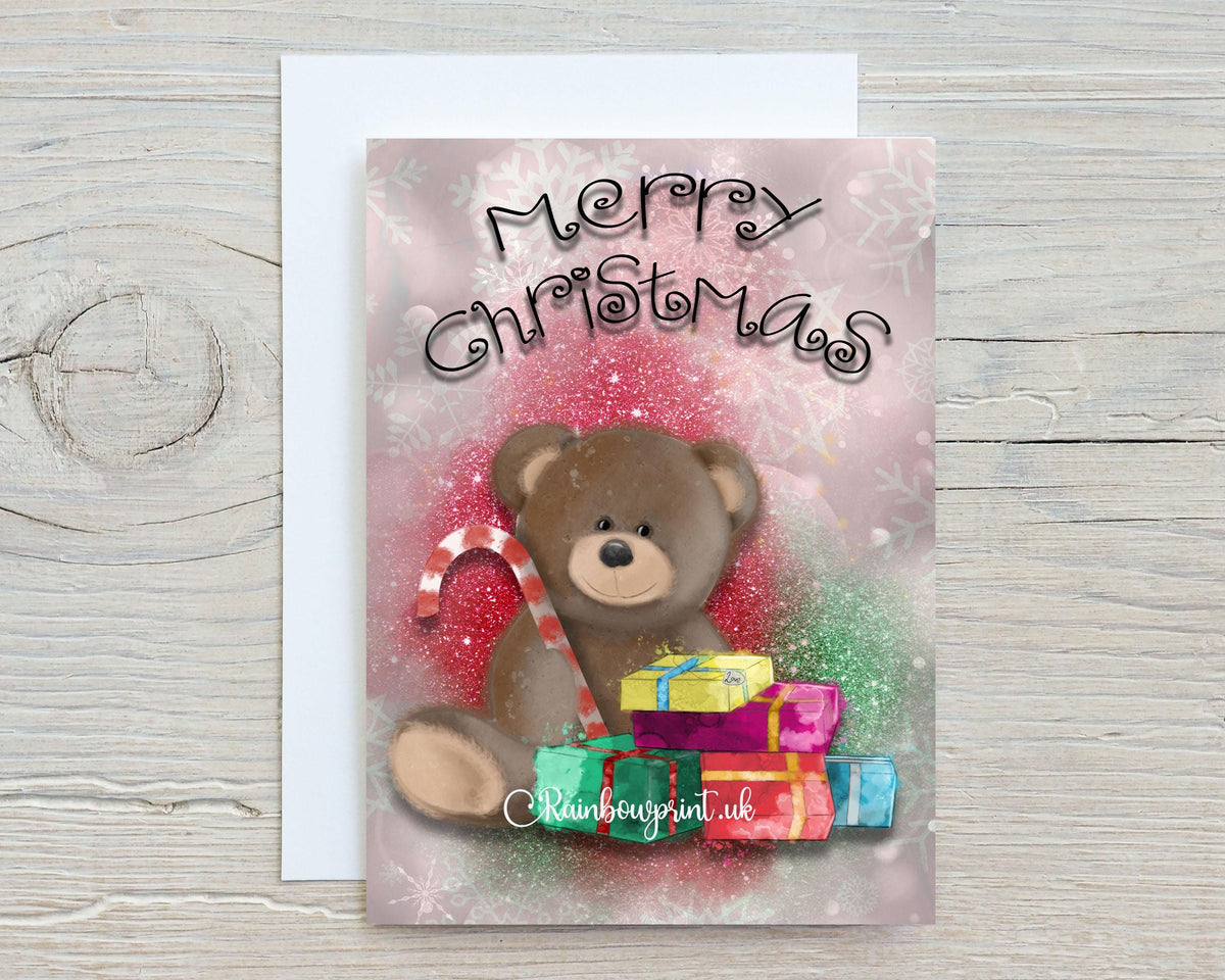 Christmas Bear Greetings Card with presents and candy, can be personalised - Rainbowprint.uk