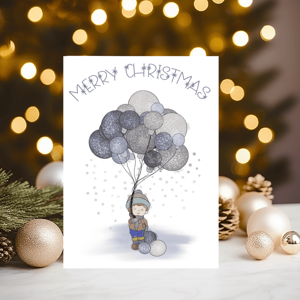 Christmas Boy with Ballons Personalised Glossy A5 Xmas Card (any name on the front) - Rainbowprint.uk