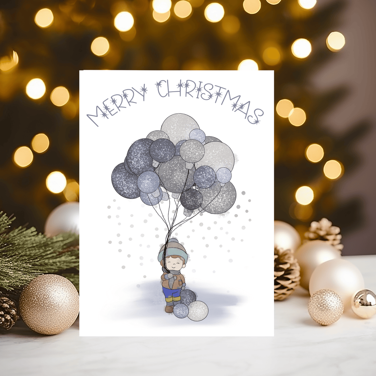 Christmas Boy with Ballons Personalised Glossy A5 Xmas Card (any name on the front) - Rainbowprint.uk