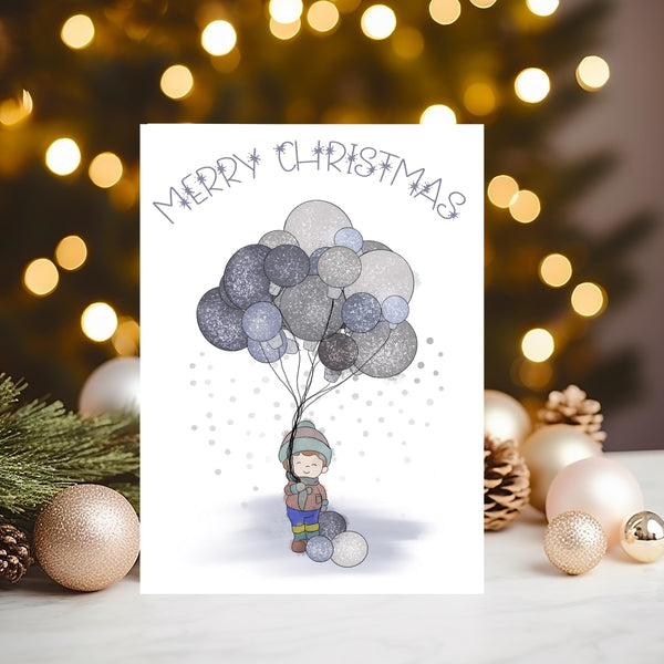 Christmas Boy with Balloons Personalised Glossy Xmas Greetings Card - any name(s) printed on the front - Rainbowprint.uk