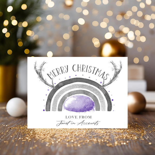 Christmas Card Lilac Reindeer Antlers - personalised with any name on the front if required - Rainbowprint.uk