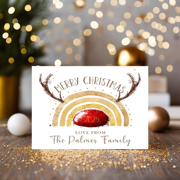 Christmas Card with Reindeer, Glowy Nose, Gold Rainbow - personalised if required on the front - Rainbowprint.uk