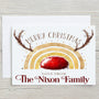Christmas Card with Reindeer, Red Nose, Gold Rainbow - personalised, with envelope - Rainbowprint.uk