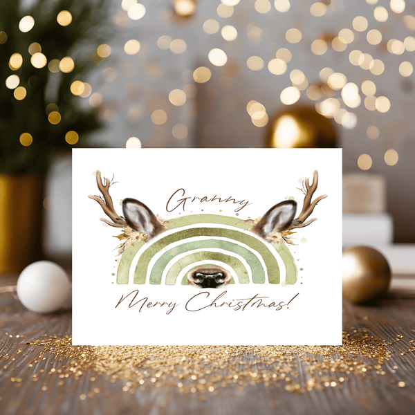 Christmas Card with Wildlife Reindeer, Green Rainbow - can be personalised on the front - Rainbowprint.uk