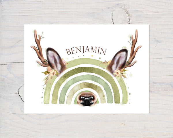 Christmas Card with Wildlife Reindeer, Green Rainbow - can be personalised, with envelope - Rainbowprint.uk