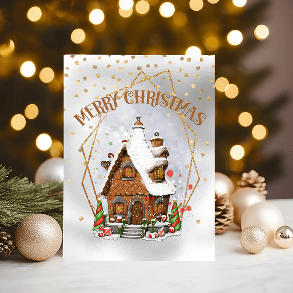 Christmas Gingerbread Snowy House Personalised Glossy A5 Greetings Card - Rainbowprint.uk