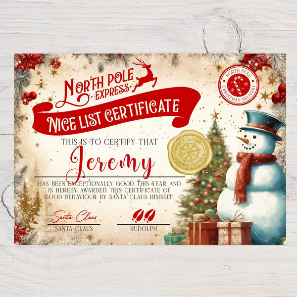 Christmas Nice List Certificate from Santa Claus, Father Christmas - Personalised - choice of designs, Snowman, Penguin, Santa, Bear, etc - Rainbowprint.uk