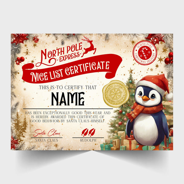 Christmas Nice List Certificate from Santa Claus, Father Christmas - Personalised - choice of designs, Snowman, Penguin, Santa, Bear, etc - Rainbowprint.uk