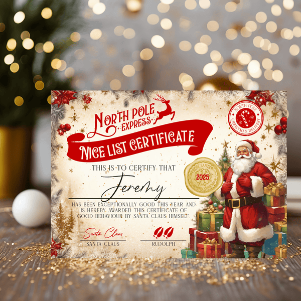 Christmas North Pole Nice List Certificate from Santa Claus - Personalised - Rainbowprint.uk
