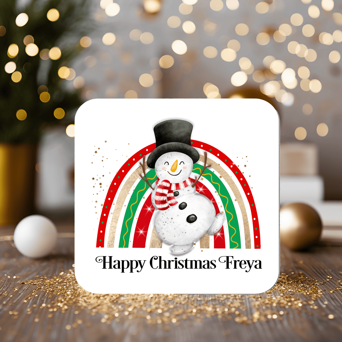 Christmas Snowman Rainbow Coaster personalised with any wording - Rainbowprint.uk
