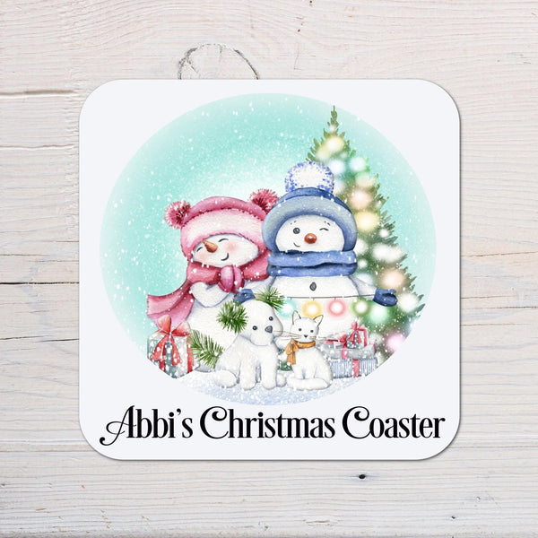 Christmas Snowmen Personalised Coaster, Snow Lady Snow Man Dog & Cat - Rainbowprint.uk