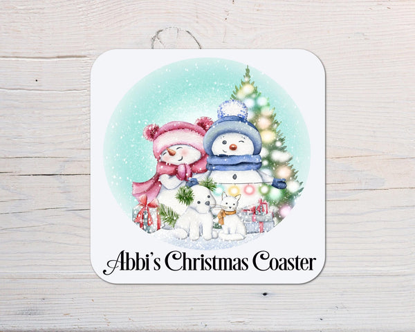 Christmas Snowmen Personalised Coaster, Snow Lady Snow Man Dog & Cat - Rainbowprint.uk