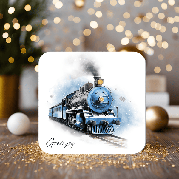 Christmas Steam Train Coaster - blue or red train - personalised with any wording - Rainbowprint.uk
