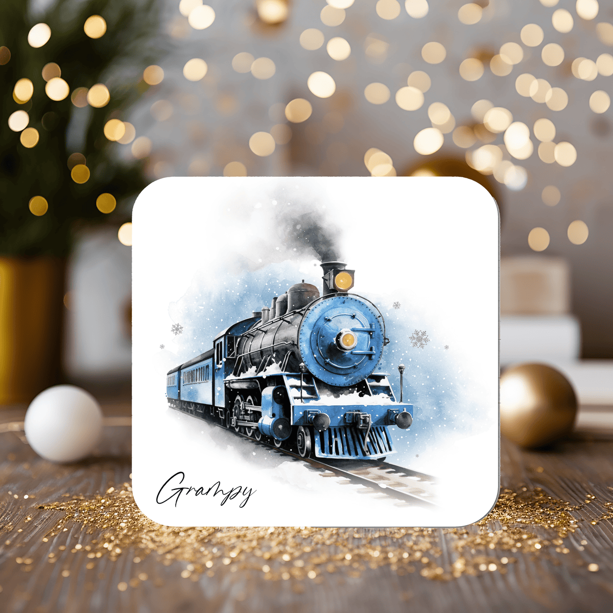 Christmas Steam Train Coaster - blue or red train - personalised with any wording - Rainbowprint.uk