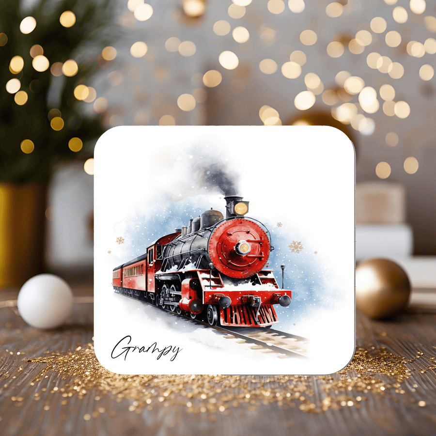 Christmas Steam Train Coaster - blue or red train - personalised with any wording - Rainbowprint.uk