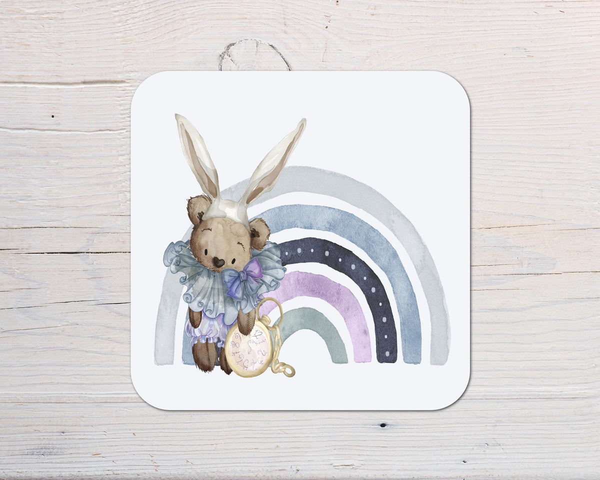 Cute Alice Bear Coaster personalised with any Wording, Message - ideal gift - Rainbowprint.uk