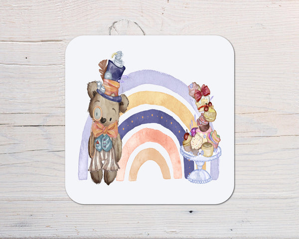 Cute Bear Alice Tea Party Coaster personalised with any Wording, Message - ideal gift - Rainbowprint.uk