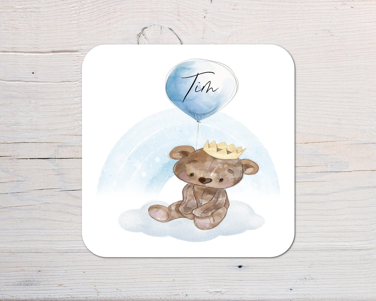 Cute Bear with Balloon Coaster personalised with any wording - blue or pink themed - Rainbowprint.uk