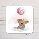 Cute Bear with Balloon Coaster personalised with any wording - blue or pink themed - Rainbowprint.uk