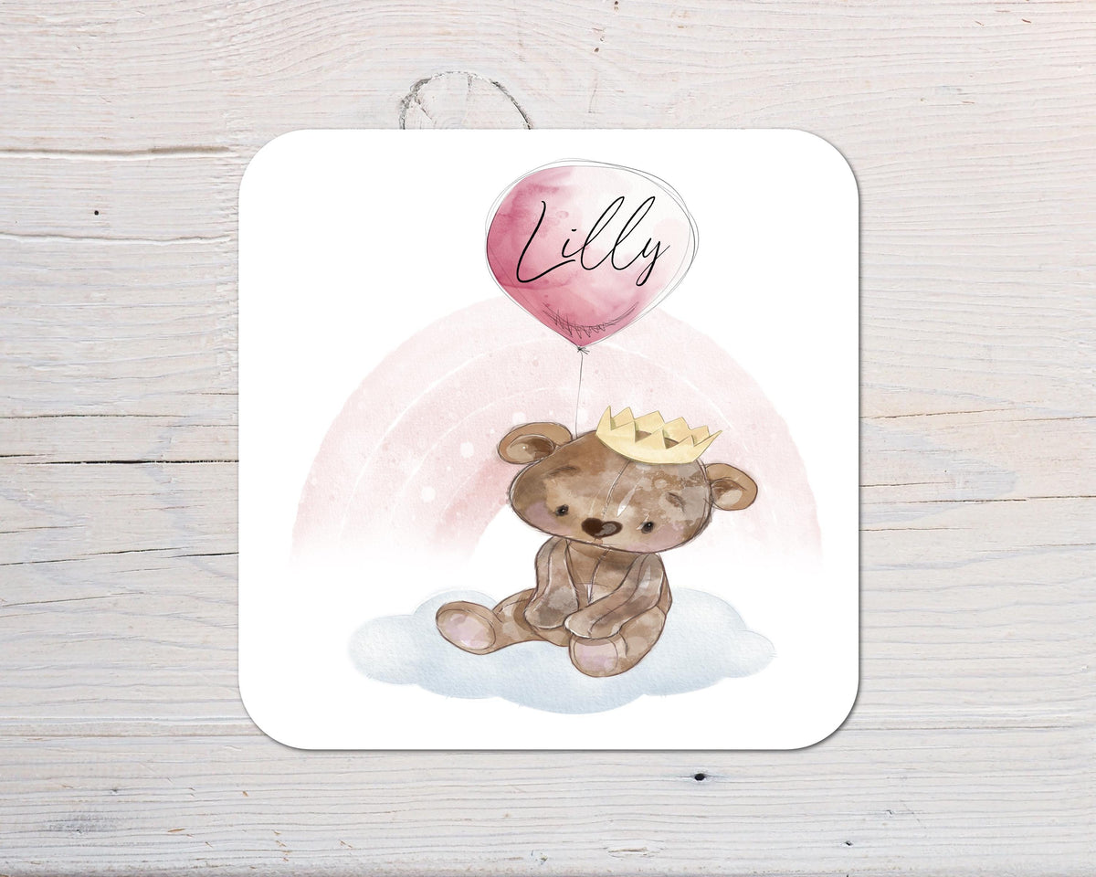 Cute Bear with Balloon Coaster personalised with any wording - blue or pink themed - Rainbowprint.uk