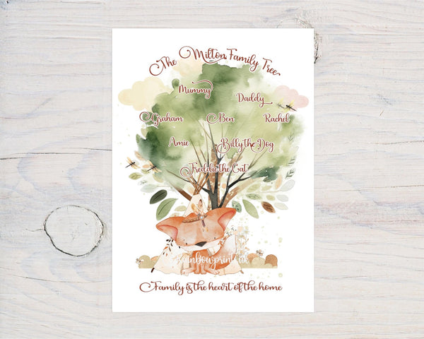 Cute Fox Family Tree - Fox Themed Personalised A4 Print - your family members, pets on a beautiful glossy 260gsm Wall Art Print ideal Gift - Rainbowprint.uk