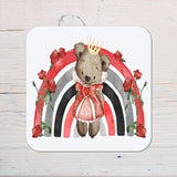 Cute Red Alice Bear with Roses Coaster personalised with any Wording, Message - ideal gift - Rainbowprint.uk