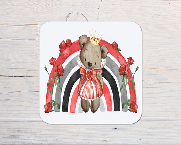 Cute Red Alice Bear with Roses Coaster personalised with any Wording, Message - ideal gift - Rainbowprint.uk