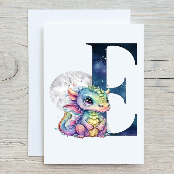 Dragon Space Design Initial Greetings Card - personalised card, limited edition, A5 glossy Birthday Card for Children who love Dragons - Rainbowprint.uk