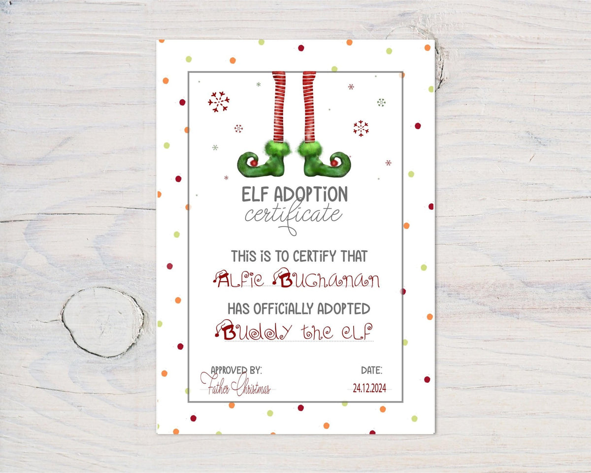 Elf Adoption Certificate from Santa Claus, Father Christmas - Personalised 2024 with any name and Elf name - Rainbowprint.uk