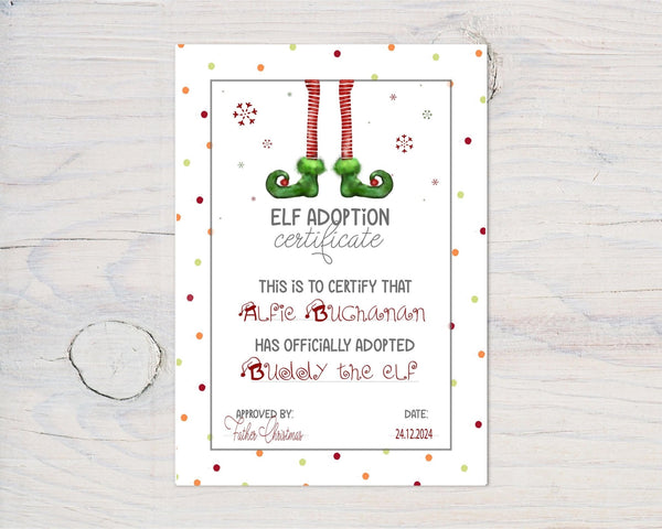 Elf Adoption Certificate from Santa Claus, Father Christmas - Personalised 2024 with any name and Elf name - Rainbowprint.uk