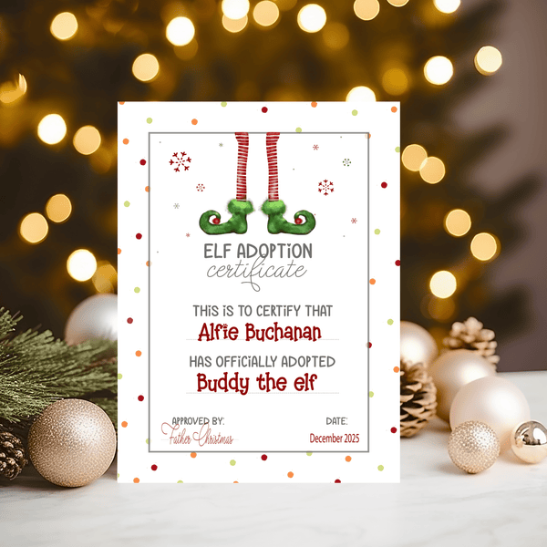 Elf Adoption Certificate from Santa Claus, Father Christmas - Personalised 2025 with any name and Elf name - Rainbowprint.uk