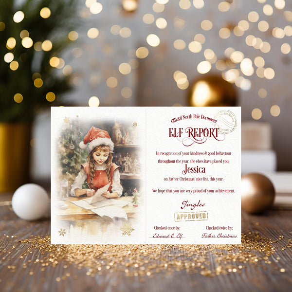 Elf Report from Santa Claus and Elf Certificate personalised 2025 Keepsake - help them believe in Santa, brown or white skin, boy or girl - Rainbowprint.uk