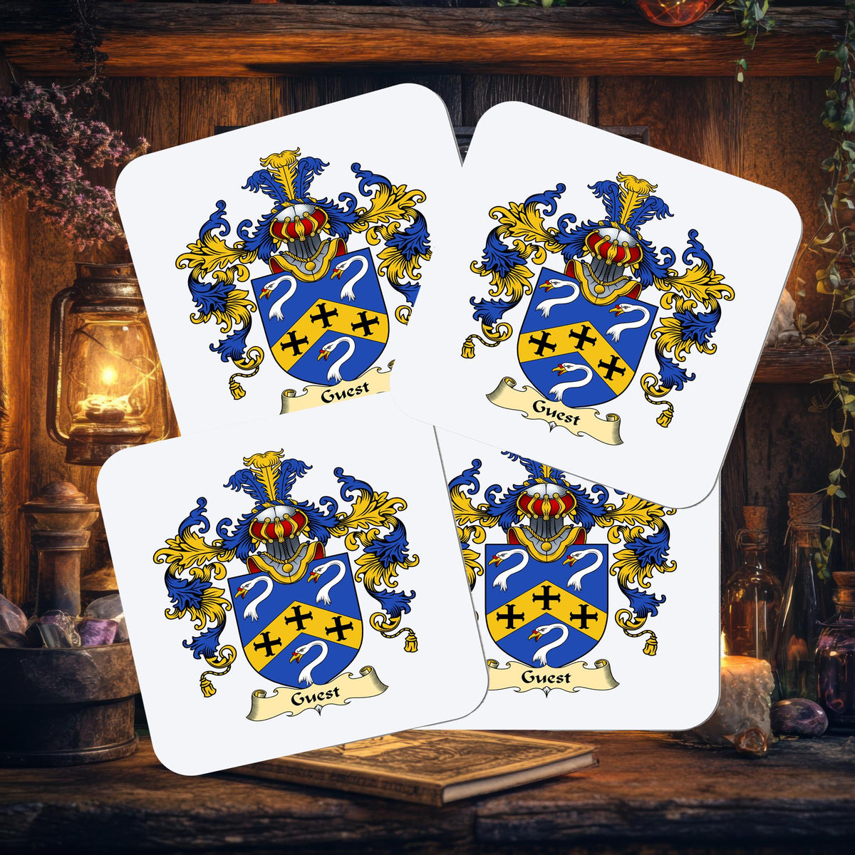 Family Crest Coasters, Personalised Heraldry Gift (Set of 4) - Rainbowprint.uk