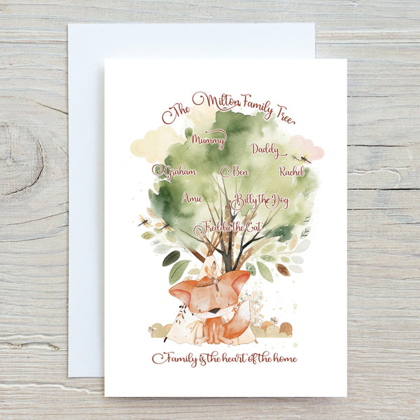 Family Tree Greetings Card: fox design, with any names - Rainbowprint.uk