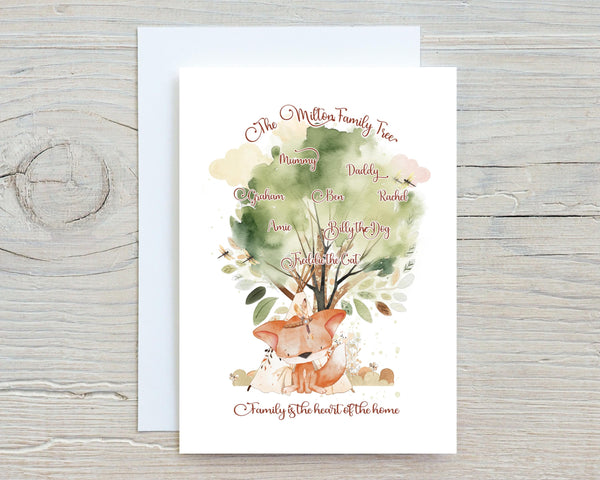 Family Tree Greetings Card: fox design, with any names - Rainbowprint.uk