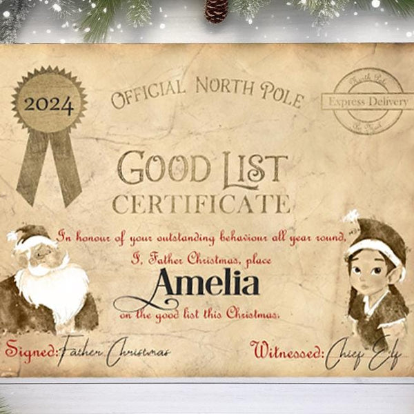 Father Christmas Good List Certificate: personalised 2026 Keepsake - Rainbowprint.uk
