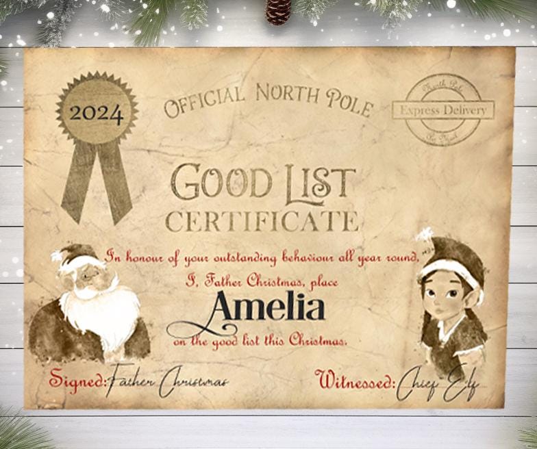 Father Christmas Good List Certificate: personalised 2026 Keepsake - Rainbowprint.uk