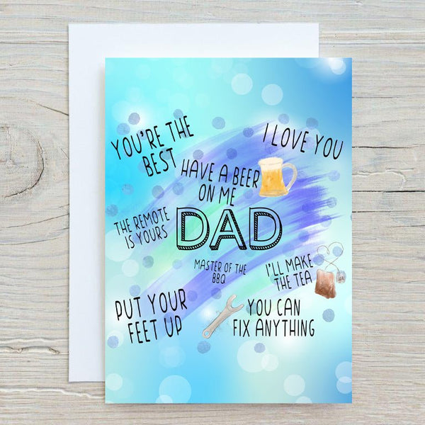 Father's Day Card Birthday with blue background and fun dad-themed phrases and illustrations