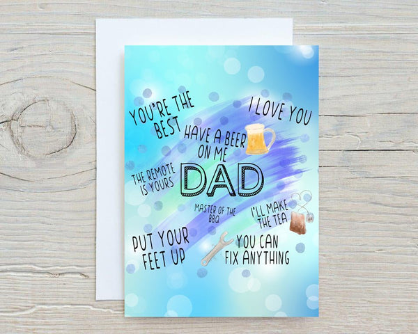 Father's Day Card Birthday with blue background and fun dad-themed phrases and illustrations