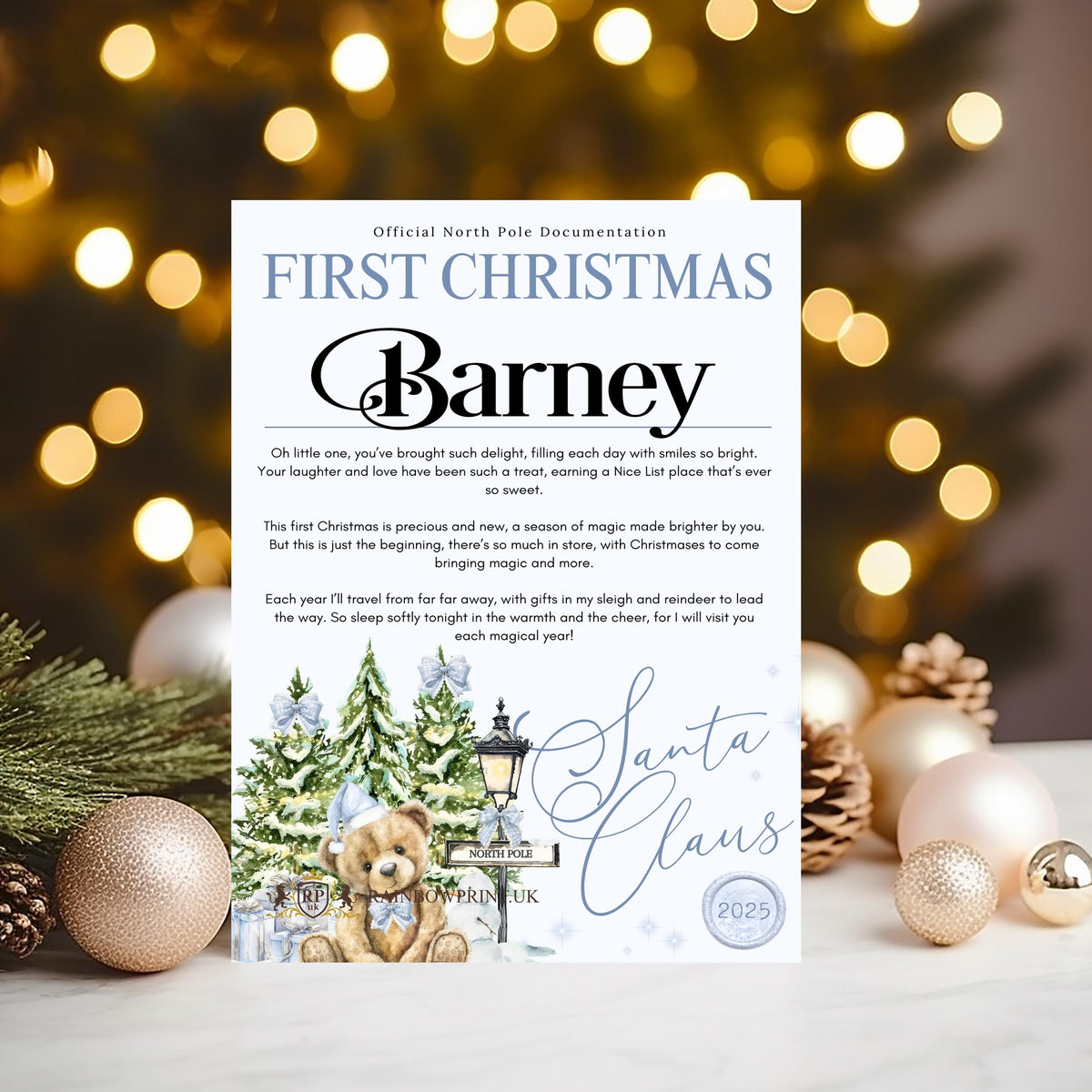 First Christmas Certificate from Santa Claus at the North Pole - personalised 2025 Keepsake - help them believe in Santa! - Rainbowprint.uk