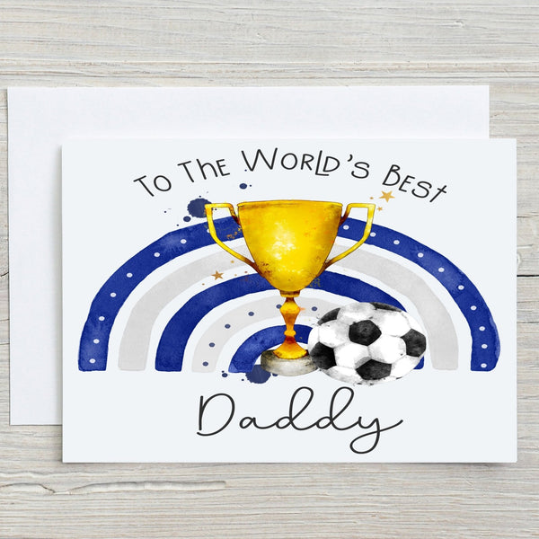 Football Birthday Card featuring a gold trophy and football with blue rainbow design for daddy