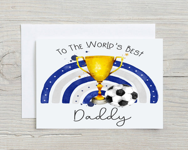 Football Birthday Card featuring a gold trophy and football with blue rainbow design for daddy
