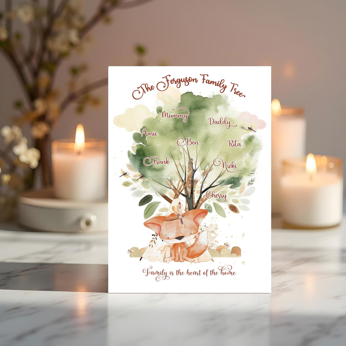 Fox Family Tree Print: Personalised Boho A4 Wall Art - Rainbowprint.uk