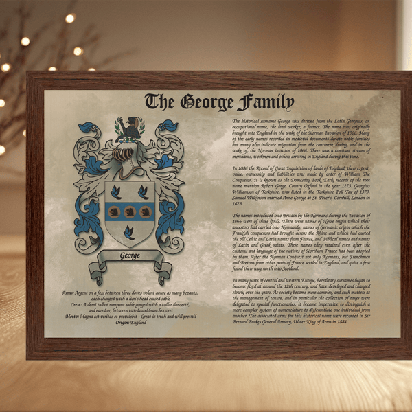 Framed Family Crest & Surname History Print: Personalised Heraldry Wall Art Gift - Rainbowprint.uk