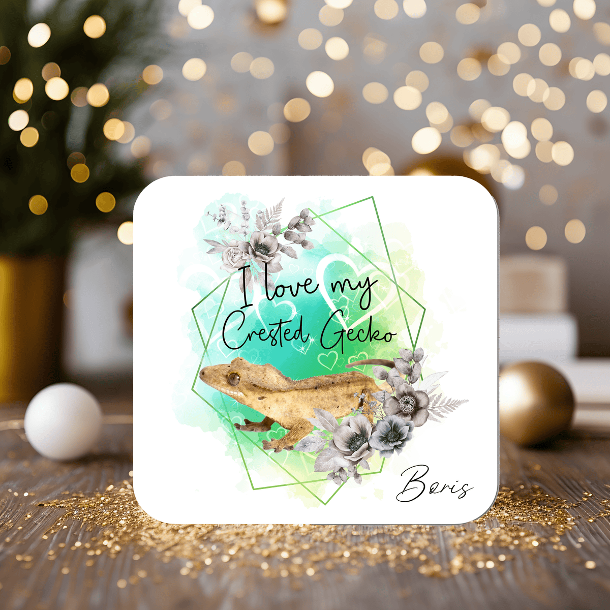 Gecko - Crested Gecko Coaster personalised with any wording - Rainbowprint.uk