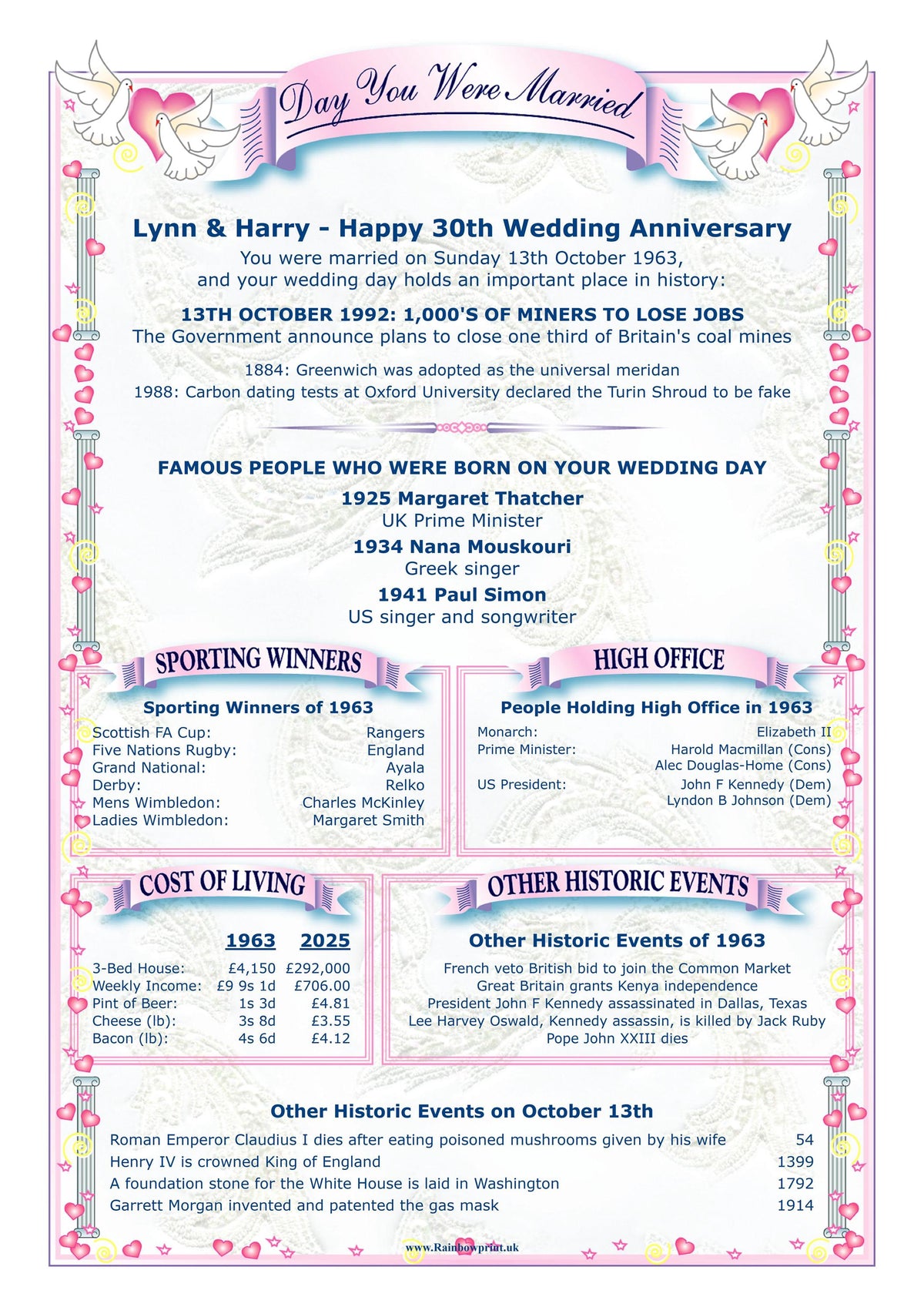 Golden Wedding Anniversary Card: "Day You Were Married" History, 50 Years of Marriage - Rainbowprint.uk
