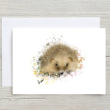 Hand-drawn hedgehog greetings card by rainbowprintshop with colourful splash design on white background