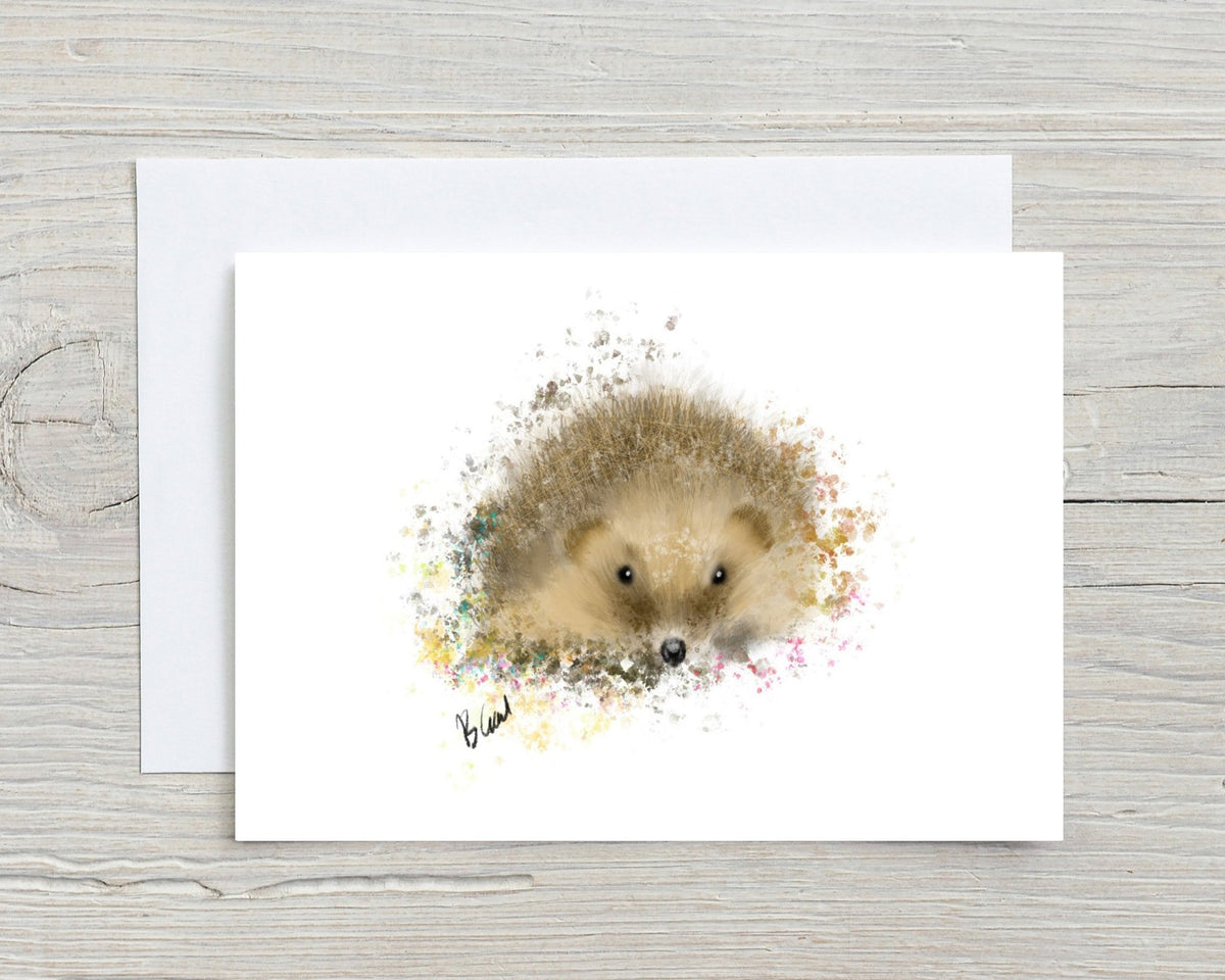 Hand-drawn hedgehog greetings card by rainbowprintshop with colourful splash design on white background